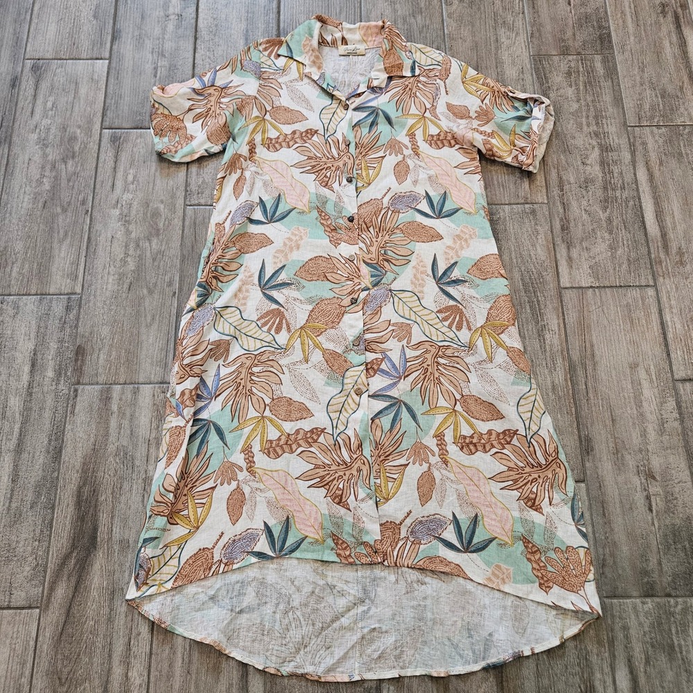 Puro Lino Shirt Dress Womens Size M Floral Linen Italy Coastal Tropical Resort‎